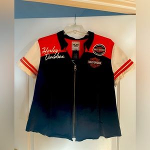 Women’s Harley Davidson zip up rider short sleeve shirt.